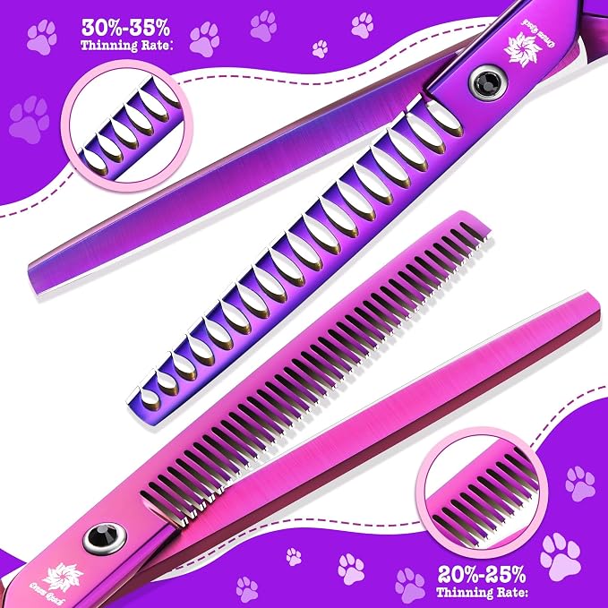 Dream Reach Dog Grooming Scissors - 7" Professional 6 in 1 Pet Scissors Sharp and Durable Shears Set Thinning, Chunker, Straight, Curved Shears and Comb for Dog Cat Pets, Purple