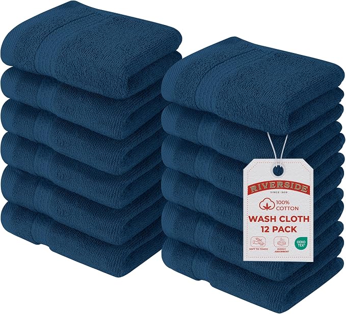 RIVERSIDE 12-Pack Premium 100% Cotton Blue Opal Face Towels for Bathroom [12x12] - Reusable Luxury Face Wash Cloths for Showering - 550 GSM Super Soft & Absorbent Washcloths for Body, Spa & Gym