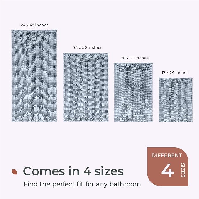 FRESHMINT Chenille Bathroom Rugs Non-Slip Bath Mat 32"x20", Washable Soft Shower Mat, for Bathroom Floor & Tub Fluffy Shag Bath Rugs, Durable Thick Water Absorbent Microfiber Shower Rugs, Sky Gray