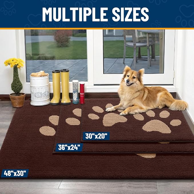 Smiry Dog Door Mat for Muddy Paws, Absorbs Moisture and Dirt, Low-Profile Entryway Mat with Non-Slip Backing, Entry Indoor Outdoor Doormat for Inside Floor (48x30 Inches, Brown, Paw