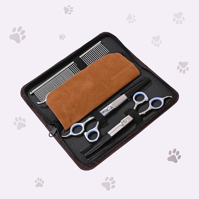 Dog Grooming Scissors Kit - Best Tools for Goldendoodles & Poodles- Straight, Curved & Thinning Shears - Golden Doodle Grooming Professional Grade Stainless Steel, 4 Pc Set (Long Silver)