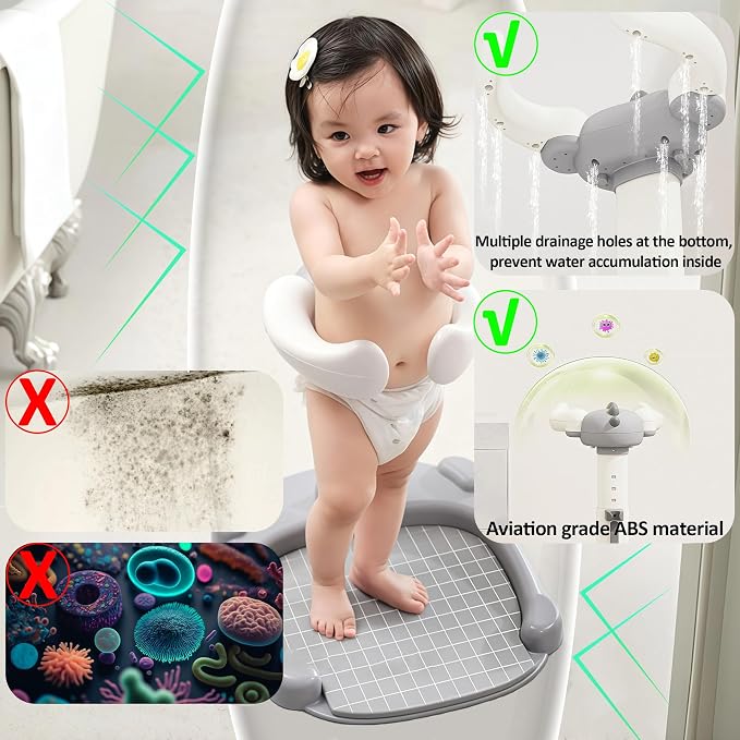 Upgraded Baby Shower Stand, Adjustable Height & Foldable Baby Standing Bath with Anti-Slip Base, Anti-Pinch Silicone, Ideal Gift for Infants 6-36 Months -Grey