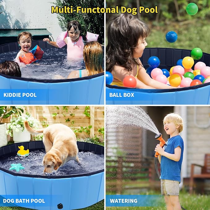CACSPS Foldable Dog Pool, 55" x 12" Kiddie Pool with Hard Plastic, Non-Slip Dog Bath Tub for Outdoor Backyard, Collapsible Dog Swimming Pool for Kids Dogs Pets (Blue)