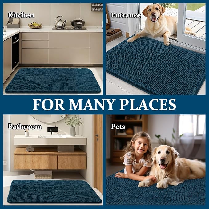 OLANLY Dog Door Mat for Muddy Paws 47x24, Absorbs Moisture and Dirt, Absorbent Non-Slip Washable Doormat, Quick Dry Chenille Mud Mat, Entry Indoor Entryway Carpet for Inside Floor, Atlantic Blue