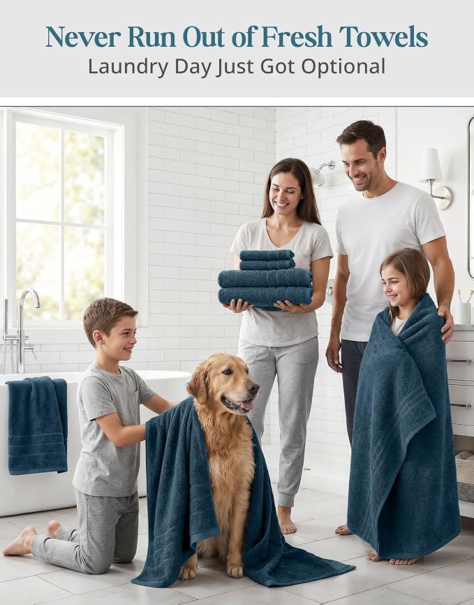 100% Mercerized Cotton Bathroom Towel Sets of 24 - 2 Bath Sheets, 2 Gym Towels, 2 Bath, 4 Fingertip, 6 Hand, 8 Washcloths, Quick-Dry, Luxuriously Soft & Durable, Perfect for Everyday use – Steel Blue