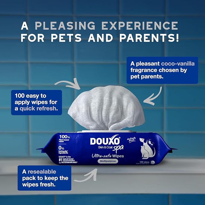 DOUXO SPA Dog Wipes for Paws, Butts, Tear Stains and General Cleaning, 100 Wipes, Multi-Purpose for Coat and Paws, Leaves the Coat and Skin Refreshed, Skin-Friendly Formula, Can Also be Used for Cats