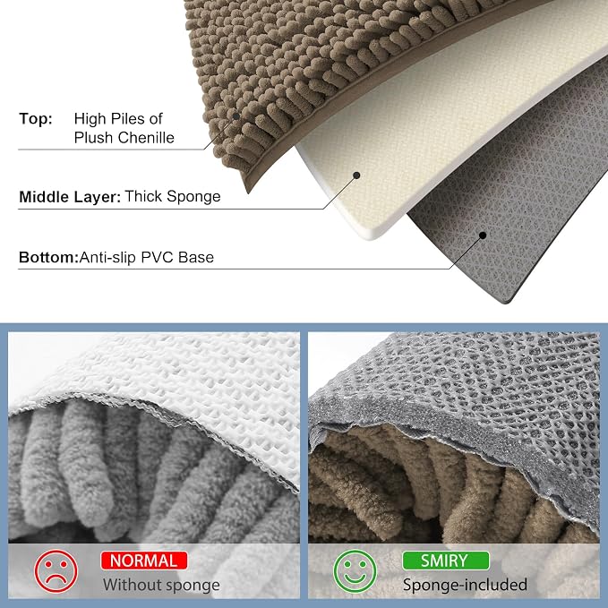 Smiry Luxury Chenille Bathroom Rugs 45x27, Extra Soft and Absorbent Shaggy Bath Mat, Machine Washable, Non-Slip Plush Carpet Runner for Tub, Shower, and Floor, Home Decor Accessories, Camel