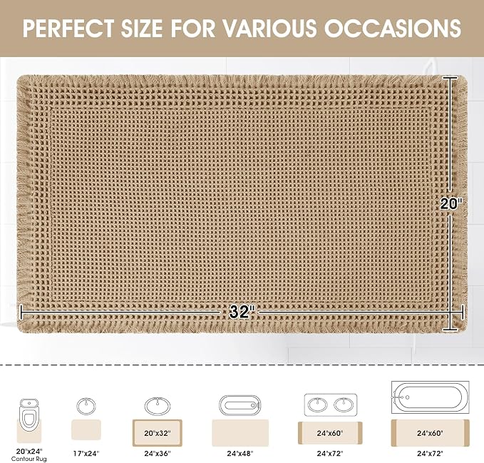 Upgraded Waffle Bath Mat, 32"x20" Beige-Bordered, Super Absorbent Non-Slip Quick Dry Bathroom Rugs with Tassels, Machine Washable Ultra Soft Boho Bath Rugs for Floor, Toilet Mats Boho Farmhouse Decor