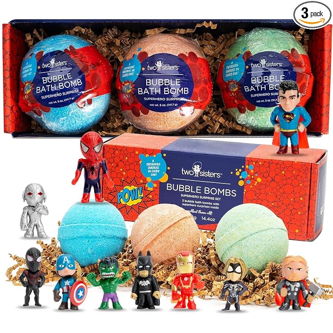 Superhero Bath Bombs for Kids with Surprise Toys Inside (3 Pack) - Large Bubble Bomb for Boys & Girls - Fizzies, Relaxing Aromas, USA Made, Skin-Safe, Stain-Free by Two Sisters