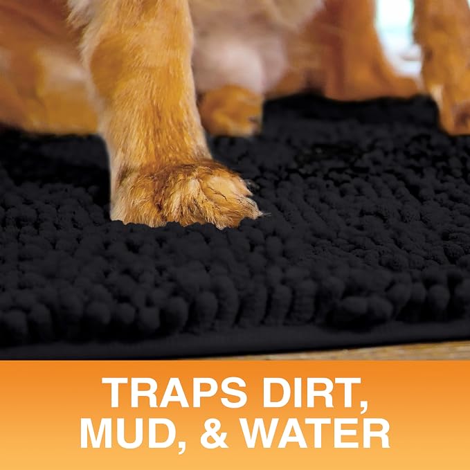 Neater Pets Muddy Paws Dog Door Mat 30” x 20” – Super Absorbent & Quick-Dry Chenille Doormat for Trapping Dirt, Water, Mud - Non-Slip & Machine Washable Pet Rugs for Entryway, Indoor Mud Mats, Black