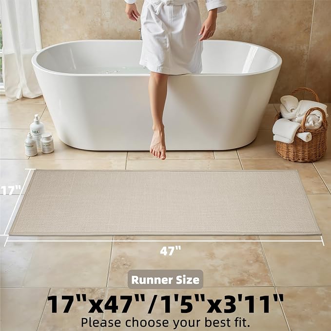 Large Bathroom Rugs Runner Non Slip Bath Mat 17" x 47", Quick Dry Bath Mat, Machine Washable Bathroom Rugs, Beige, Thin Bath Mat