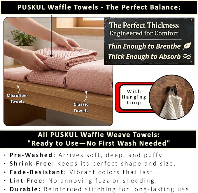 PÜSKÜL Natural 100% Turkish Cotton Waffle Bath Towels Set of 2-Piece | 32x63 inch Extra Large Absorbent Quick-Dry Lightweight Spa Towel | Luxury Sauna Accessories (Pink Powder Bath Towels - Pack of 2)