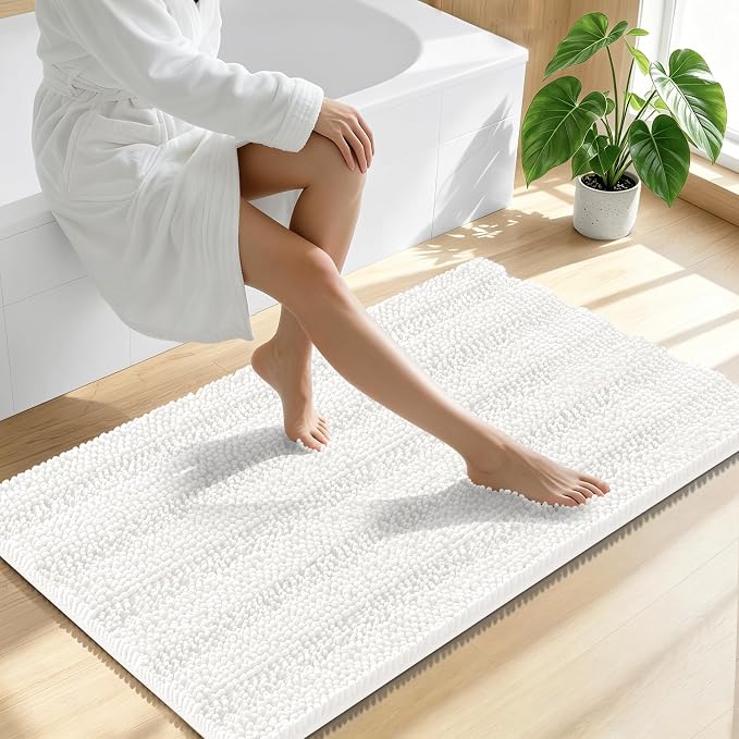 Smiry Thick Chenille Large Bathroom Rugs 45x27, Extra Soft Absorbent Striped Bath Mat, Machine Washable, Rubber Backing, Bath Rugs for Bathroom, Tub & Shower, Home Decor Accessories, Ivory