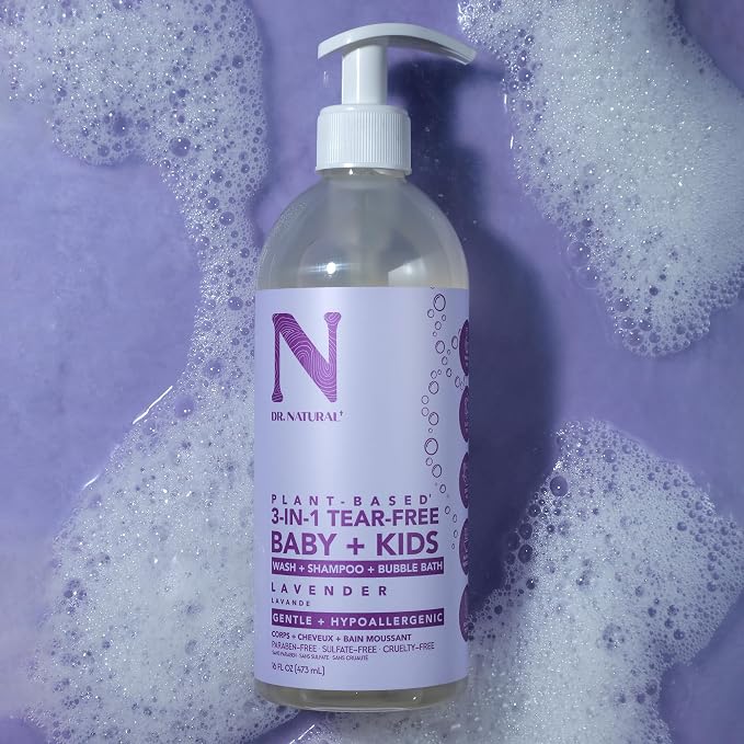 Dr. Natural 3-in-1 Tear-Free Baby Plus Kids Soap - Head-to-Toe Baby Soap and Shampoo - Sensitive Skin Moisturizing Body Wash - Lavender - 16 oz