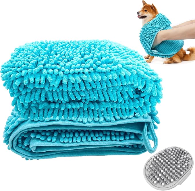 Premium Dog Drying Towel & Bath Brush Set – Super Absorbent Sherpa Microfiber Pet Towel for Fast Drying, Gentle Cleaning & Coat Care | Safe for Dogs & Cats
