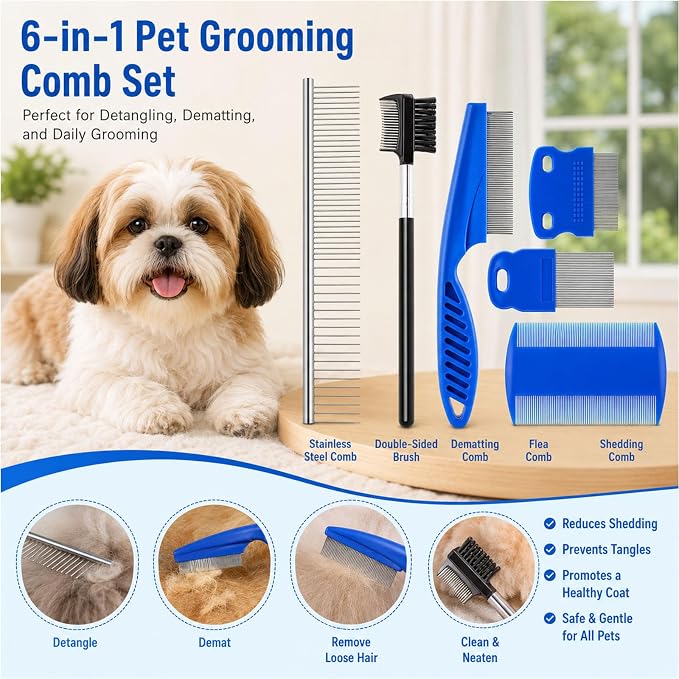6 Pcs Flea Lice Comb for Cats Dogs, Blue | Stainless Steel, Rounded Teeth, Tear Stain Remover, Dematting Brush, Professional Pet Grooming Kit