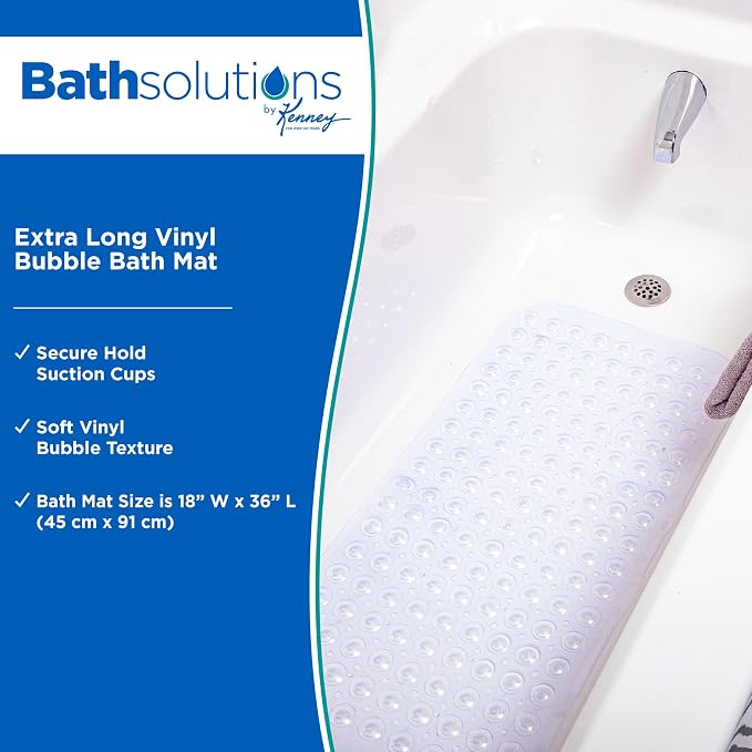 Kenney KN67260 Extra Long Vinyl Bubble Bath Mat, Shower Mat, Tub Mat with Suction Cups and Drain Holes for Use Inside the Bathroom Shower, 36" L x 18" W, Clear
