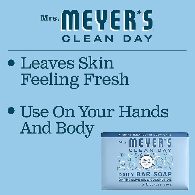 Mrs. MEYER'S CLEAN DAY Bar Soap, Use as Body Wash or Hand Soap, Made with Essential Oils, Rain Water, 5.3 oz, 1 Bar (Pack of 12)