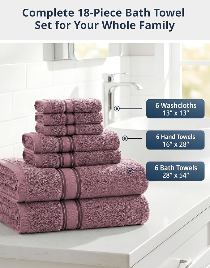 LANE LINEN Premium Bath Towel Set of 18 – 100% Cotton, 6 Large Bath Towel, 6 Handtowels & 6 Washcloths, Zero Twist, Ultra Soft & Durable, Quick-Dry, Ideal for Spa, Hotel & Everyday Use – Wishful Mauve