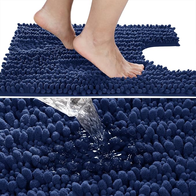 Yimobra Toilet Rug U Shaped Washable 24x24 Inch - Ultra Soft Absorbent Chenille Bath Rugs for Toilet, Quick Dry & Machine Washable, Non Slip Contour Bathroom Mat, Navy Blue