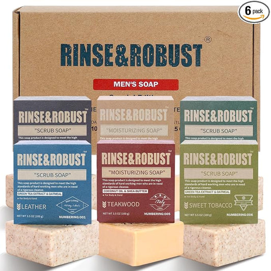 Rinse & Robust Mens Soap Bar Set 6Pcs Natural Handmade Cleansing Bar Soap Set Moisturizing Exfoliating Scrub Soap Fathers Day Gift for Dad All Skin Type, 6 Different Scents, 3.5 oz of 6 Bars