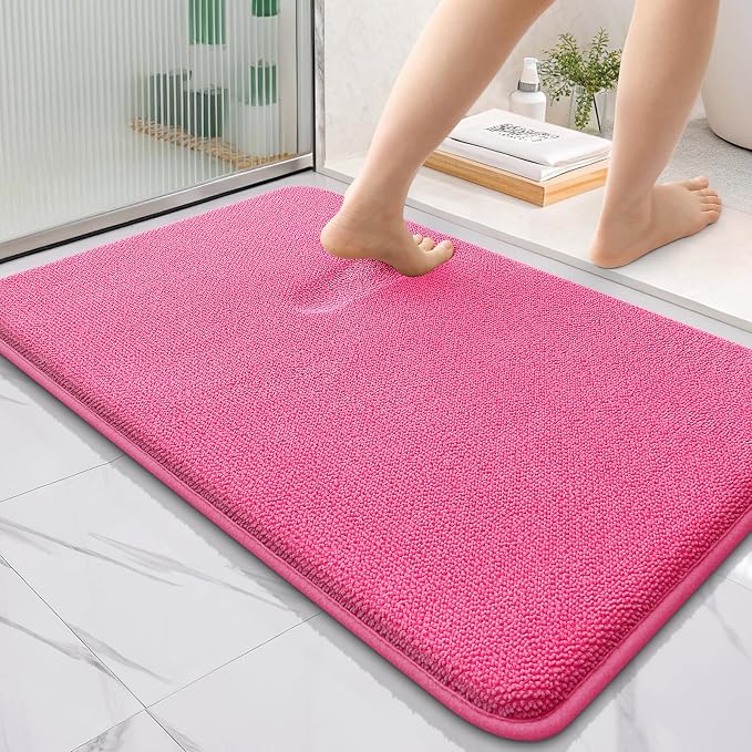 OLANLY Thick Memory Foam Bath Mat Rug 36x24, Extra Soft Absorbent Bathroom Rug, Quick Dry Bath Mats, Non-Slip, Machine Washable Carpet for Bathroom, Tub and Shower, Home Decor Accessories, Hot Pink
