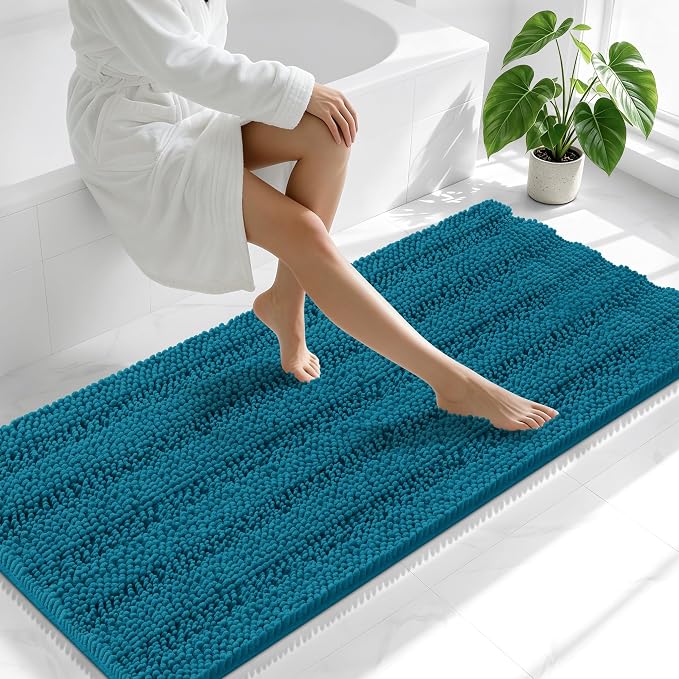 Smiry Thick Chenille Bathroom Runner Rugs 59x24, Absorbent Striped Bath Mat, Machine Washable, Rubber Backing, Extra Long Bath Rugs for Tub & Shower, Modern Home Decor Accessories, Peacock Blue