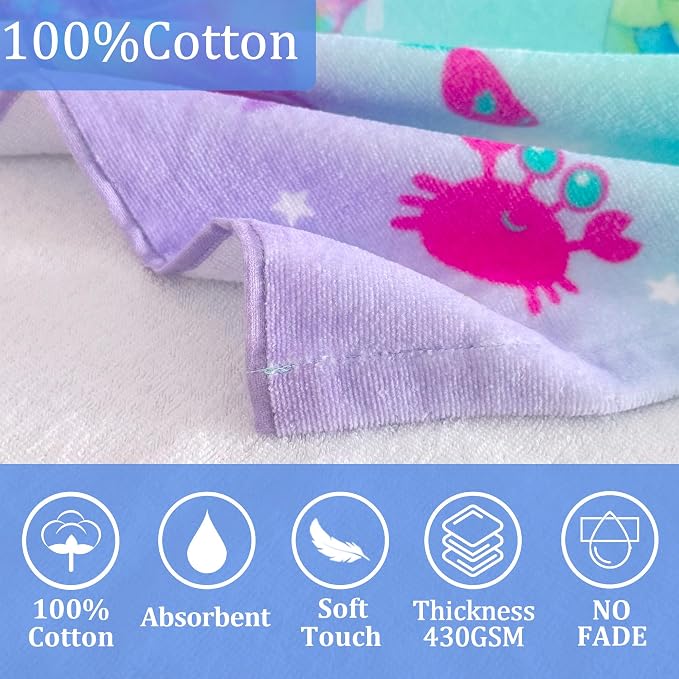 VOOVA & MOVAS Kids Hooded Beach Towel Age 3-8, 30''X50,Soft | Thick | Large | 100% Cotton,Absorbent Beach, Bath, Pool Towels Wrap for Girls, Sea Mermaid
