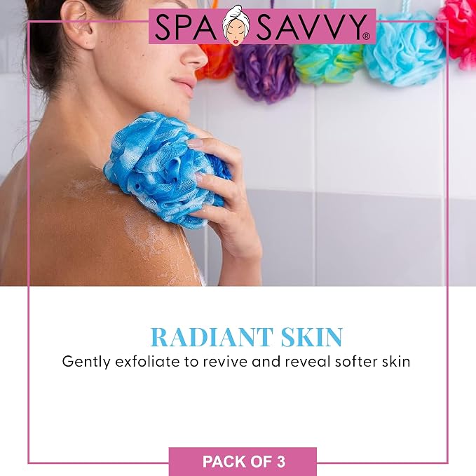 Bath Loofah Set, 3 Pack Shower Pouf Body Sponges with Suction Cups, Exfoliating Bath Accessories for Men and Women, Multicolor