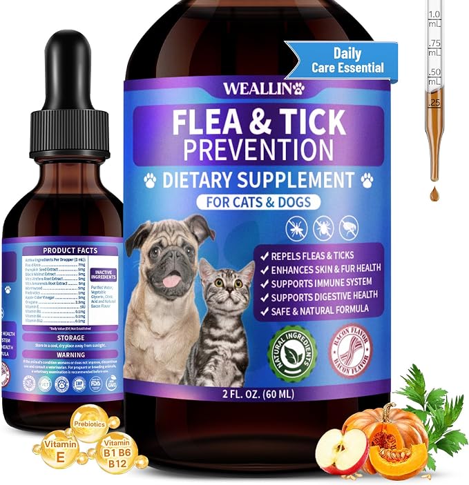 WEALLIN Flea and Tick Support for Dogs and Cats Natural Flea Treatment Drops with Multivitamin for Pets Oral Flea & Tick Prevention for Dogs and Cats Flea Herbal Drops for All Breeds and Ages