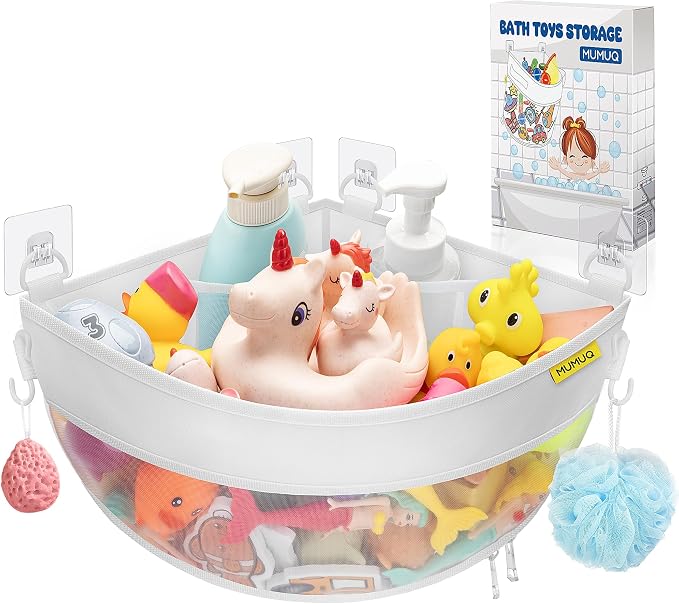 Bath Toy Storage Corner Wall Mounted, 4.32 Gallons Bath Toy Holder, Bottom Zipper Mesh Bathtub Toys Storage Organizer Bag, Quick Access Baby Shower Caddy Quick Dry Bathtub Toys Holder Accessory