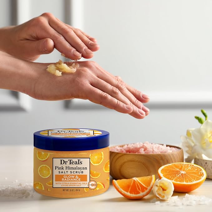 Dr Teal's Pink Himalayan Salt Body Scrub, Glow & Radiance with Pure Epsom Salt & Citrus Essential Oils 16 oz (Pack of 3)