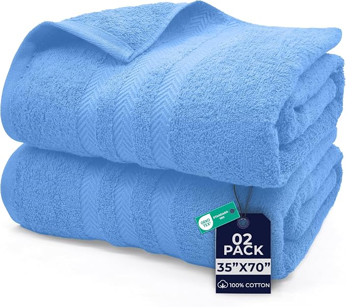 DAN RIVER 2 Pack Bath Sheets Extra Large 35x70, Large Bath Towels for Adults, XL Oversized Heavy Duty Towel Set, 600 GSM 100% Ring Spun Cotton, Soft Quick Dry, Medium Blue