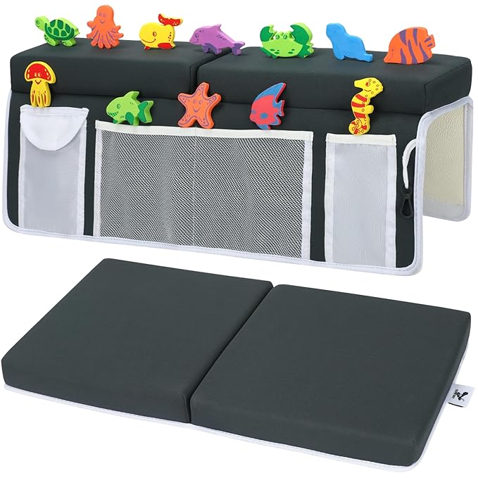 Supa Ant Bath Kneeler–8 Suction Cups & 1.5" Thick Padding.Award Winning Baby Bath Kneeler and Elbow Rest Pad Set with 5 Bath Toy Organizer Pockets.Non Slip Fast Drying Baby Bath Essentials Charcoal