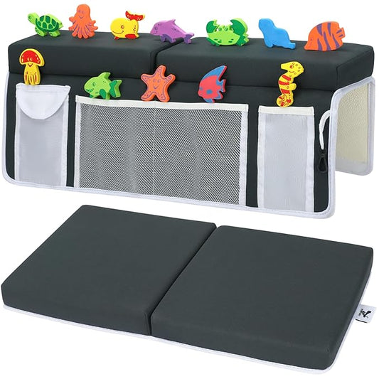 Supa Ant Bath Kneeler–8 Suction Cups & 1.5" Thick Padding.Award Winning Baby Bath Kneeler and Elbow Rest Pad Set with 5 Bath Toy Organizer Pockets.Non Slip Fast Drying Baby Bath Essentials Charcoal