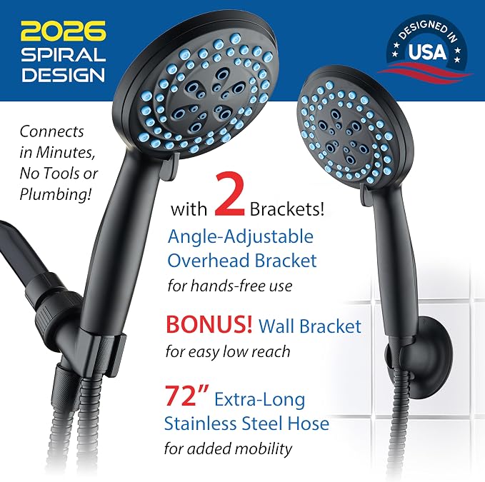 AquaCare Seen-On-TV High Pressure 8-mode Handheld Shower Head - 2-mode Power Wash to Clean Tub, Tile & Pets, Stay-Clean Nozzles, Extra Long 6 ft. Stainless Steel Hose, Wall & Overhead Brackets, Black