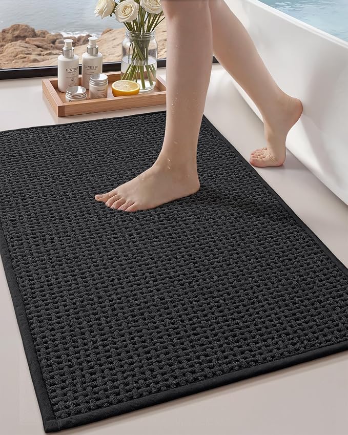 Color&Geometry Rubber Backed Waffle Bath Mat 24x16, Non Slip Water Washable Bathroom Rugs, Soft Absorbent Chenille Boho Carpet for Bathroom Floor, Tub and Shower, Black