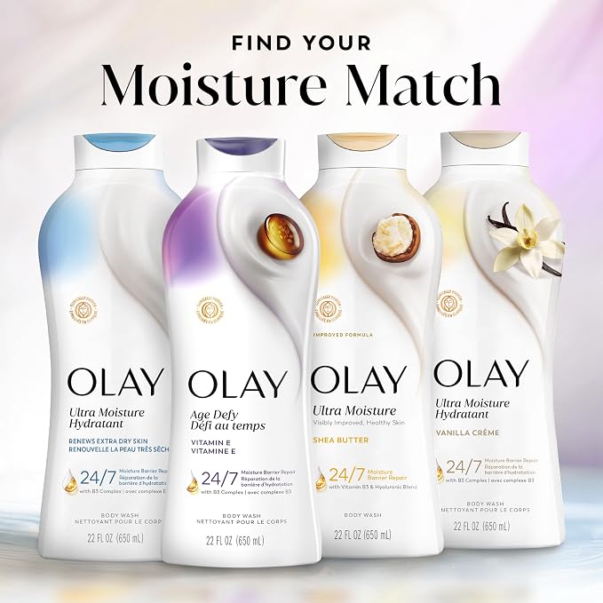 Olay Body Wash for Women, Age Defying with Vitamin E, 24hr Moisturizing, Hydrating & Refreshing, B3 Vitamin Complex, Free of Parabens & Phthalates, for All Skin Types, Scented, 22 fl oz (Pack of 4)