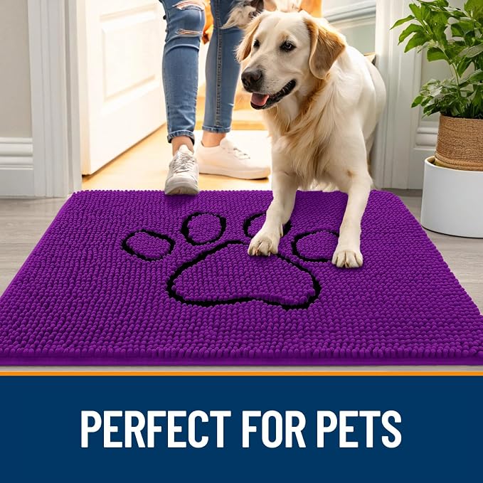 OLANLY Dog Door Mat for Muddy Paws 30x20, Paw Print Design, Absorbs Moisture and Dirt, Absorbent Non-Slip Washable Doormat, Quick Dry Chenille Mud Mat for Dogs, Entry Indoor Entryway Carpet, Purple