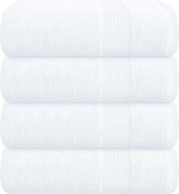 Belizzi Home 4 Pack Bath Towel Set 27x54, 100% Ring Spun Cotton, Ultra Soft Highly Absorbent Machine Washable Hotel Spa Quality Bath Towels for Bathroom, 4 Bath Towels - White