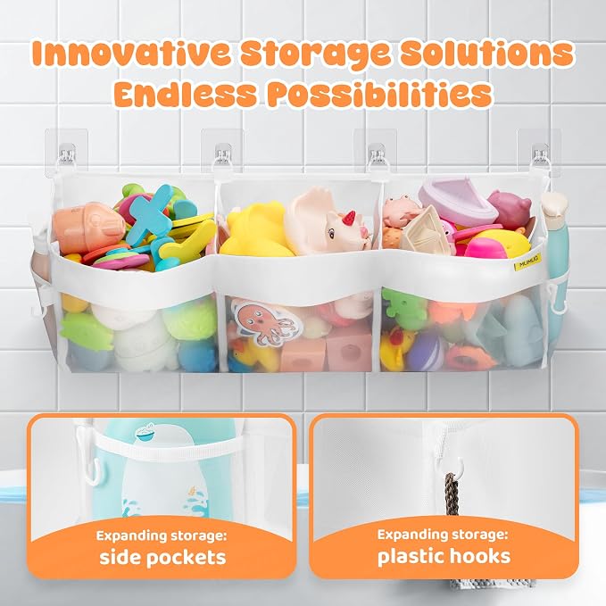 Bath Toy Organizer 3 Compartment Bath Toy Storage Bag Shower Caddy Quick Access Bathtub Toys Holder Baby Shower Games Tub Quick Dry Baby Bathroom Toys Storage Accessory White