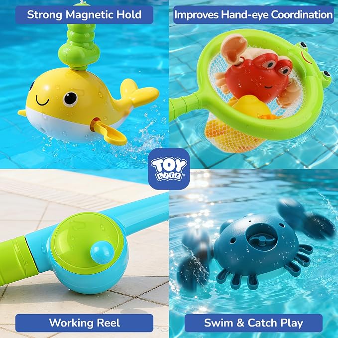 TOY Life Bath Toys for Kids Ages 1-3, Magnetic Fishing Game with Mold Free Wind Up Bath Toys for Toddlers 1-3 & Toy Fishing Pole & Fishing Net, Water Table Pool Fun Bathtub Toys for Baby Infant