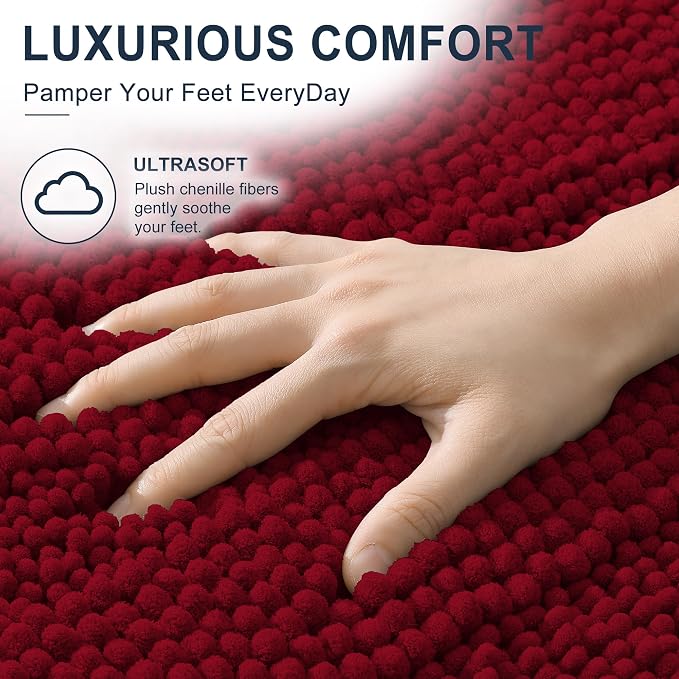 Smiry Thick Chenille Bathroom Runner Rugs 44x24, Extra Absorbent Striped Bath Mat, Machine Washable, Rubber Backing, Long Bath Rugs for Bathroom, Tub & Shower, Home Decor Accessories, Red