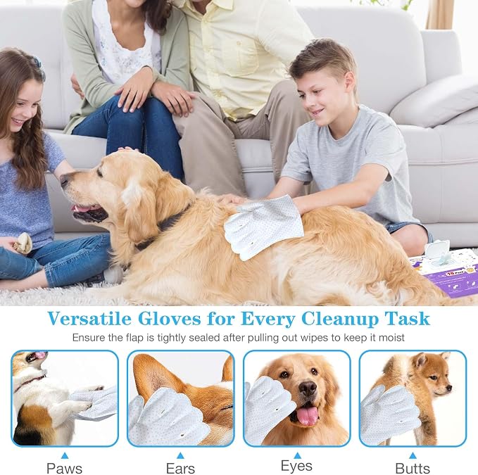 Dog Cleaning Gloves Wipes 30pcs Deodorizing Disposable Pet Grooming Bathing Gloves Extra Thick, No Rinse Shampoo Dry Cleaning Gloves for Dogs & Cats Paw Face Ear Fur and Butt