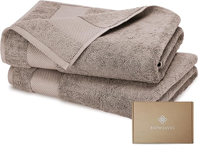 BIOWEAVES 100% Organic Cotton 700 GSM Plush Bath Towels 30" x 58" GOTS Certified - Taupe, Pack of 2