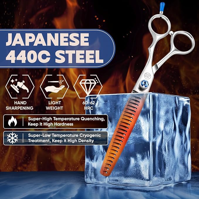 Moontay Professional Dog Grooming Straight, Curved, Thinning/Blending/Chunking Scissors Kit, JP-440C Stainless Steel Pet Cat Hair Cutting/Trimming Shears, Silver (7.5" (24-Tooth))