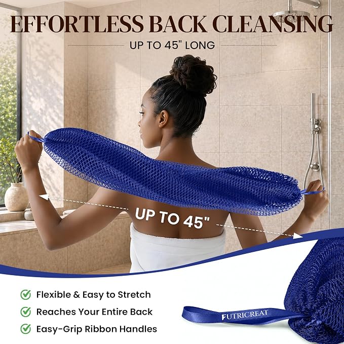 4 Pack African Net Sponge Authentic, Exfoliating Washcloth, Body & Back Scrubber, Better Alternative to Traditional Loofahs, Perfect for Daily Shower & Travel, Blush Pink, Purple, Royal Blue & Black