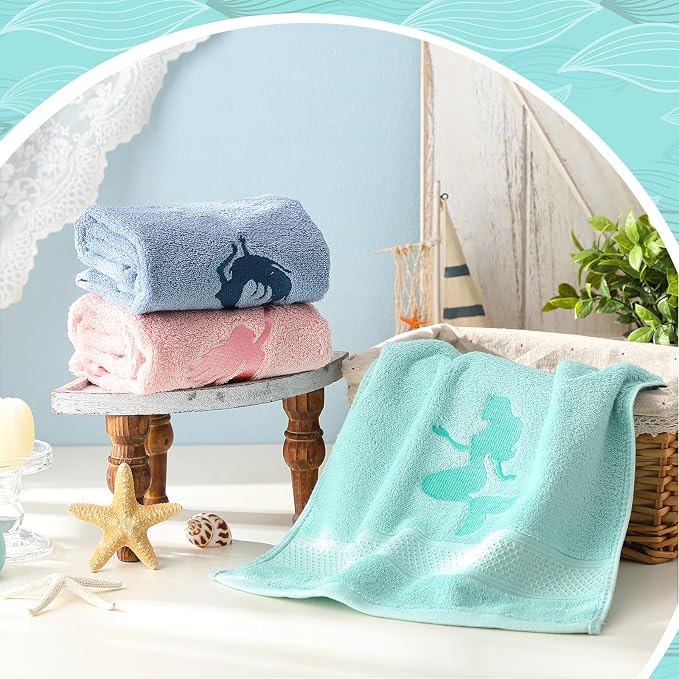 Hahafelt 3 Pack Coastal Mermaid Hand Towels for Bathroom 100% Cotton Embroidered Beach Bathroom Towels 13.78 x 29.53 Inch Soft Absorbent(Pink Green Blue, Mermaid)
