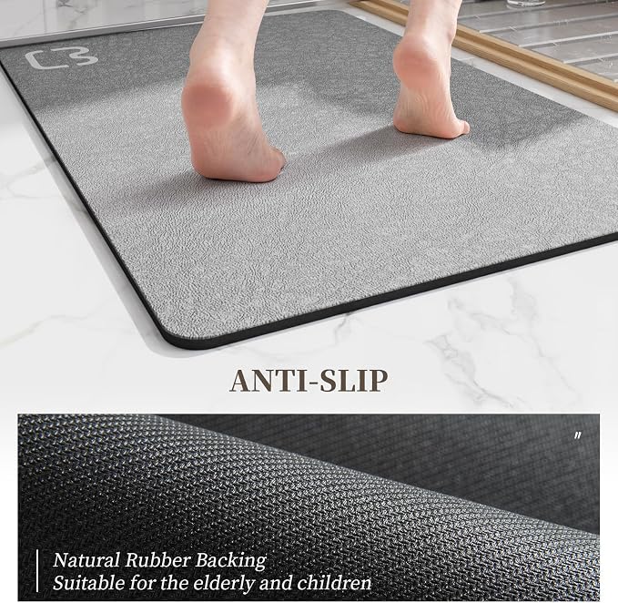 RUERYA Diatomaceous Earth Bath Mat Rug Super Absorbent Diatomite Stone Bath Mat Non Slip Quick Dry Thin Bathroom Mat Fit Under Door, Floor Rugs in Front of Bathtub,Shower Room,Sink,17"x27.5", Grey