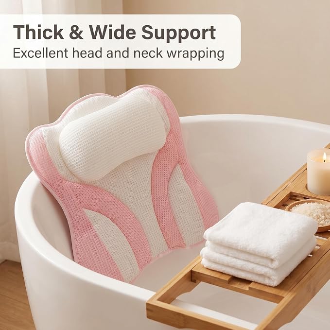 Upgraded Bath Pillows,Bathtub Pillows for Head and Neck Support,Bath Pillows for Tub with Soft 5D Breathable Mesh Fabric Nonslip Suction Cups,Relaxing Bath Accessories Spa Gifts .(Pink White)